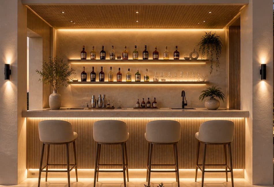 The bar, backlit spirits wall above a sculptural timber counter