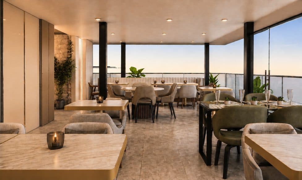 Lake-view restaurant with floor-to-ceiling glass opening onto the water